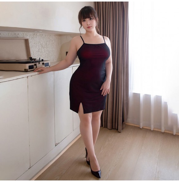 FEE ET MOI - Sexy Slit Spaghetti Strap Dress (Plus Size - Black Red)